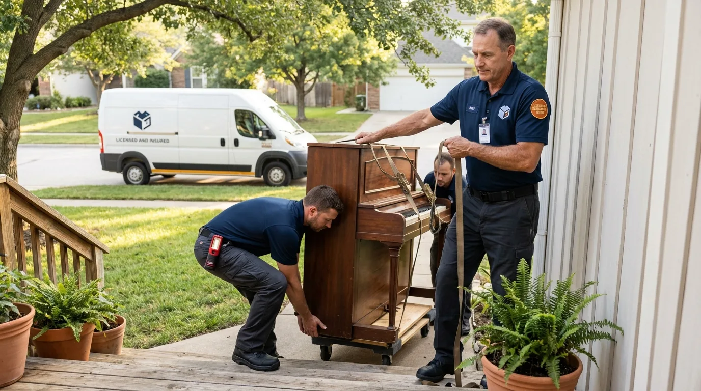 Licensed piano movers securing grand piano in Rocky Point, NC