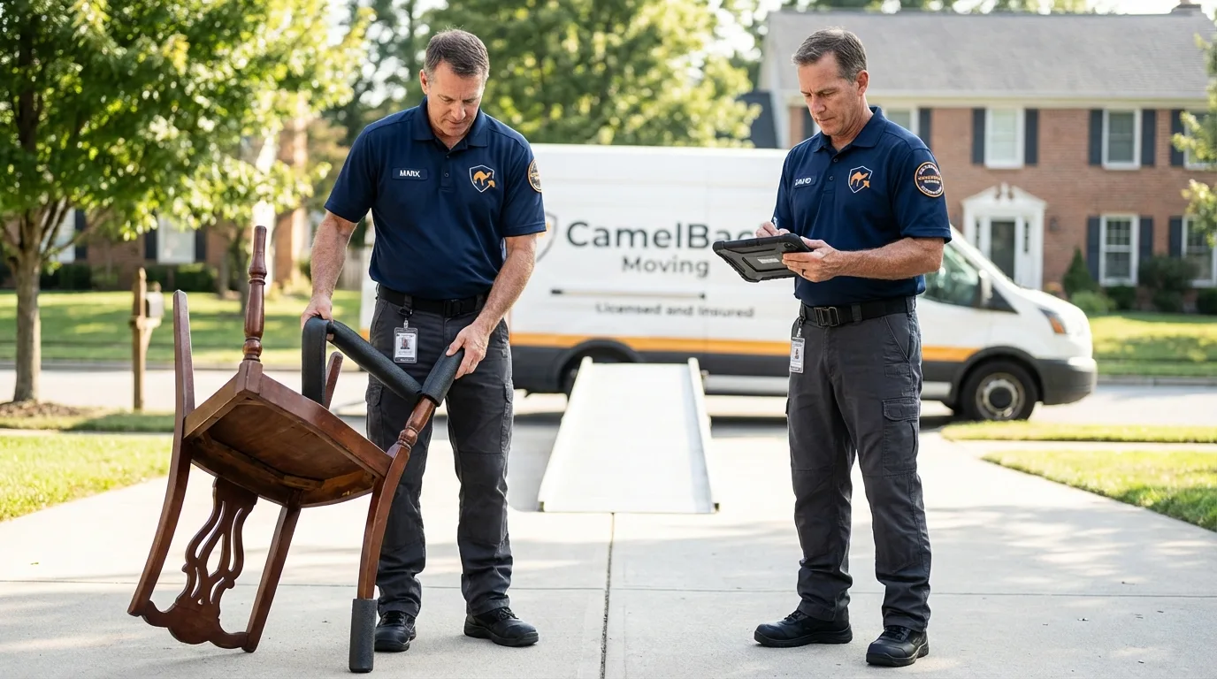 Movers inspecting furniture for damage prevention before loading in Rocky Point, NC