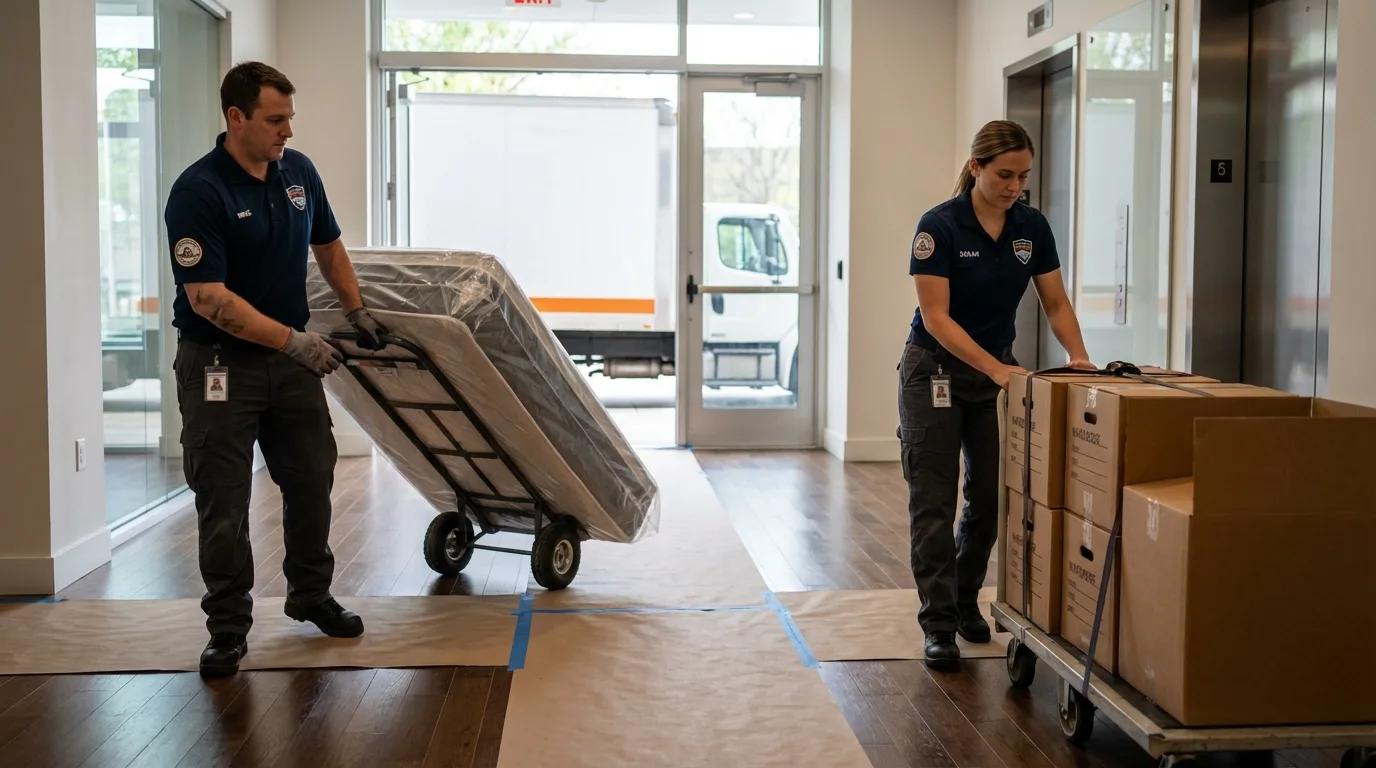 Professional apartment movers loading elevator in Rocky Point, NC