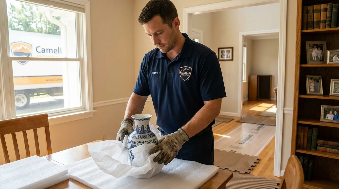 Professional crew carefully wrapping antique vase for senior downsizing move in Rocky Point, NC